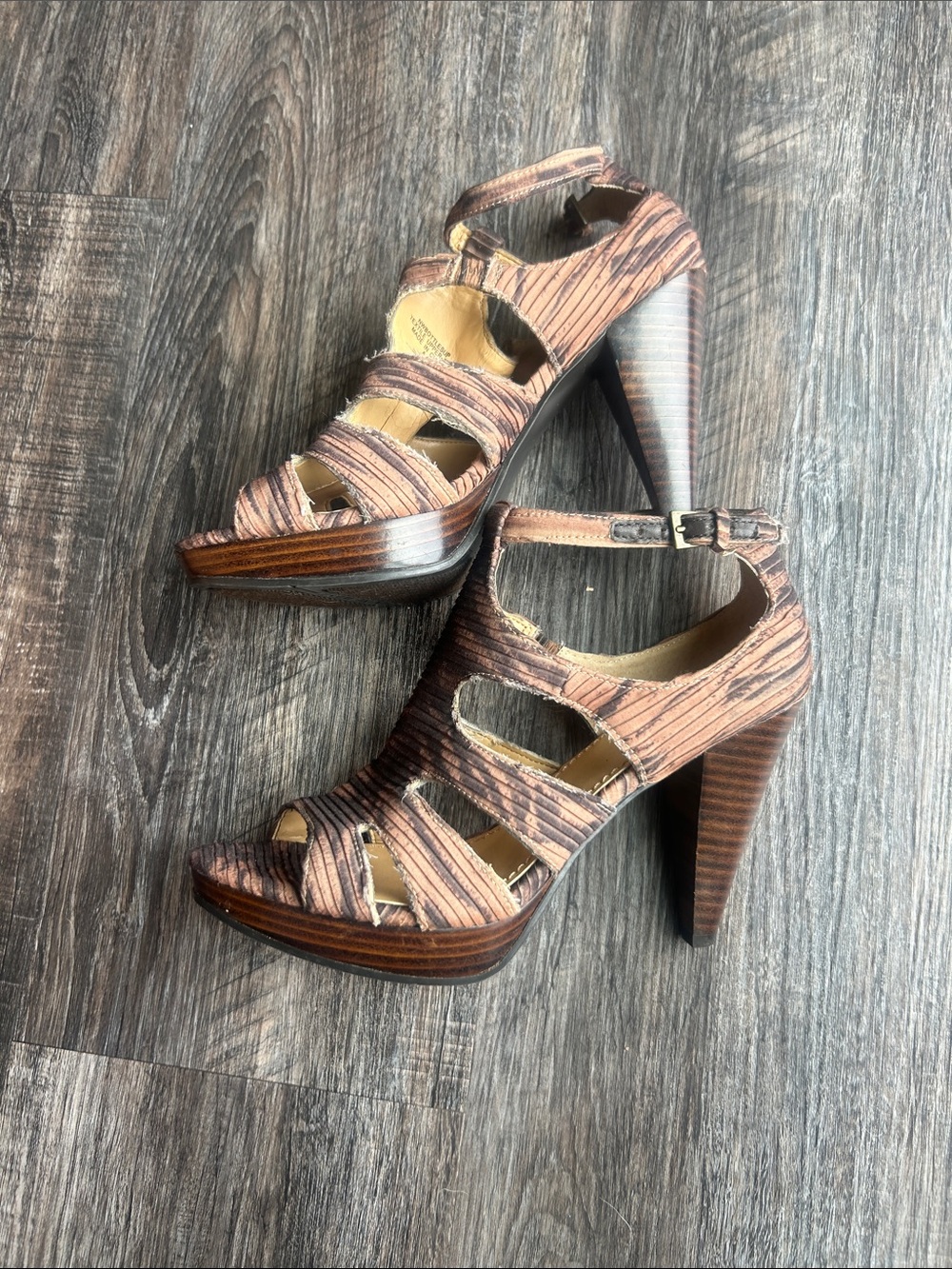 Nine West Strappy Brown Wood-Effect Platform Heels
